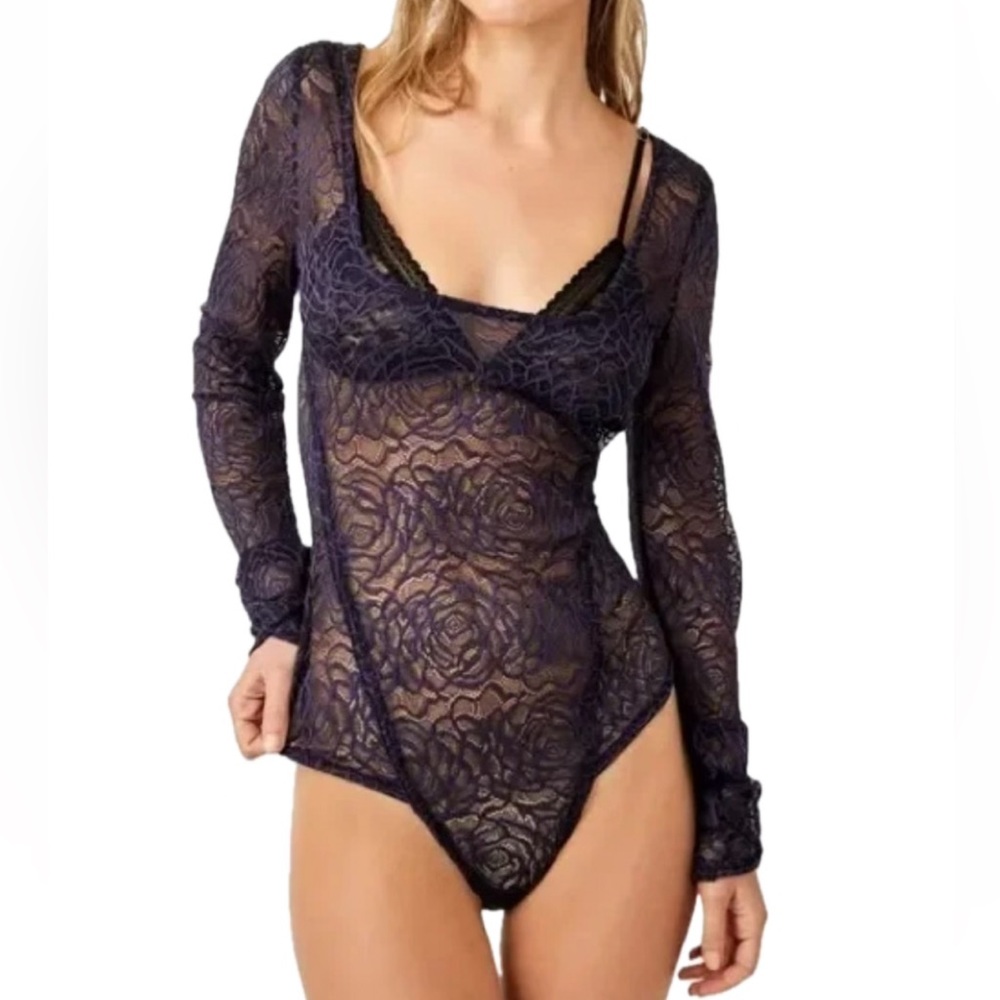Free People Intimately "In My Head" Lace Bodysuit M Navy Blue
